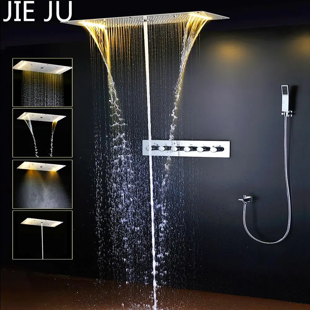 

JIE JU LED THERMOSTATIC SHOWER SET 380*700 big size 5 ways high flow constant rainfall LED HOT SALE concealed SHOWER SET