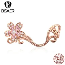 BISAER 925 Sterling Silver Blooming Sakura Flower Beads Pink Zircon Charms fit Women Bracelets silver 925 original Jewelry