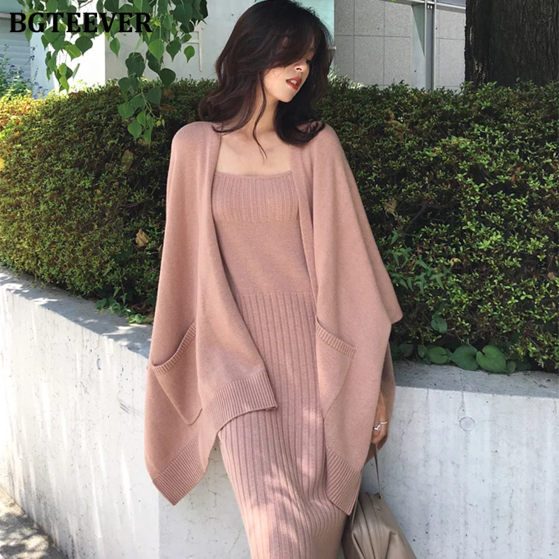 

BGTEEVER Stylish Sweater Tracksuit Knitted Cardigans & Strap Dress Women Sweater Set Knitted Suit Winter Female 2 Pieces Set