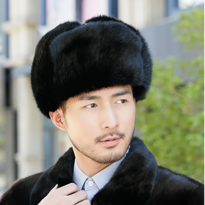 100% Fur Rabbit Fur Cap Man Winter Genuine Bomber Hat Windproof Warm Earmuffs Male Flat Grey/Black Russian Hat Fitted Casquette mens fur bomber hat