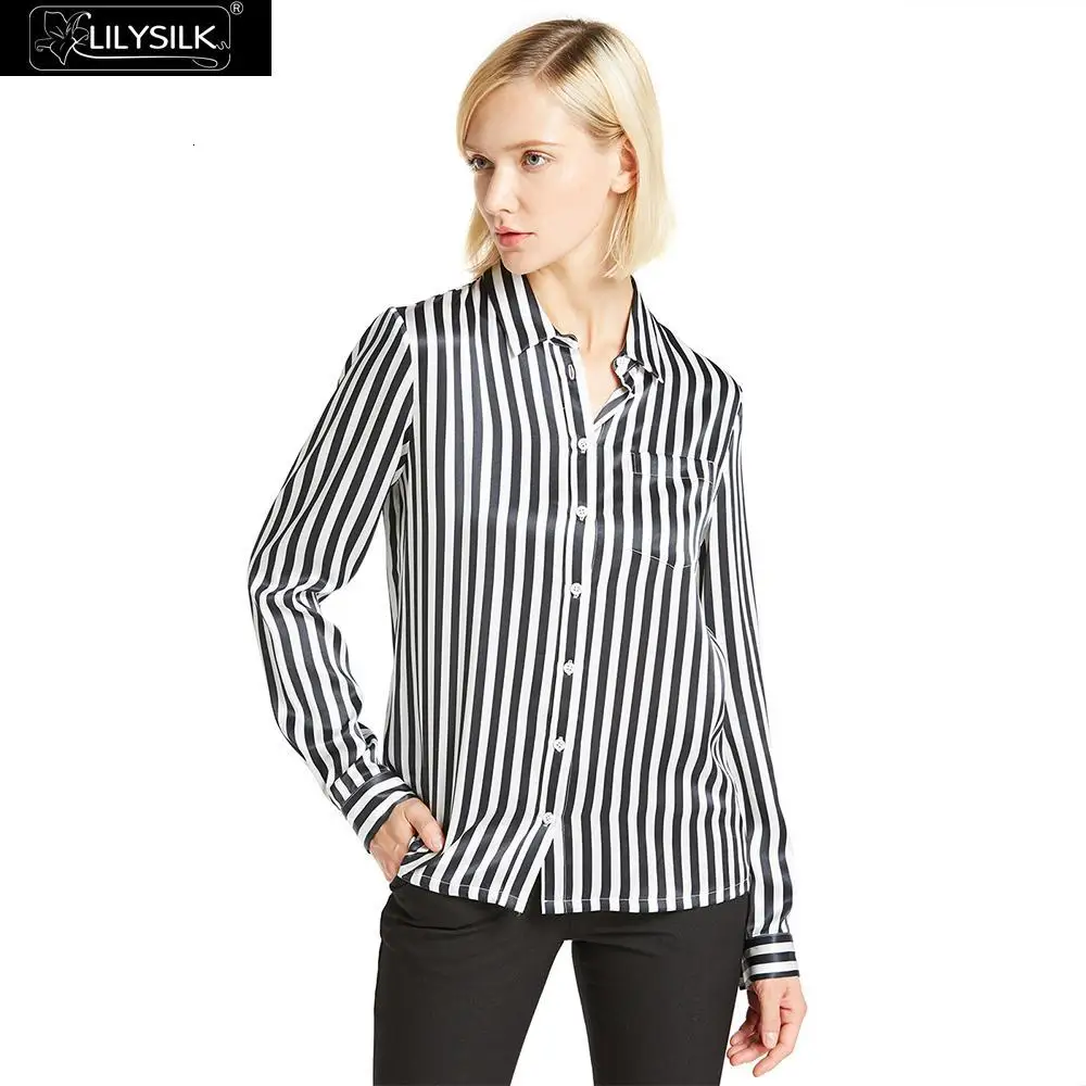 LilySilk Женская шелковая блузка 22 мм в черно-белую полоску распродажа