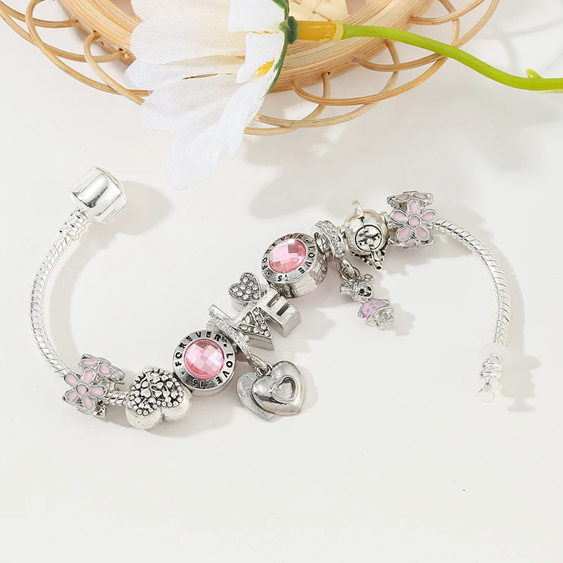 Beads Charm Bracelets For Women With Siver Color Chain Bracelets As Couple Christmas Jeweley Pulseira Gift Fashion FOREVER LOVE Bracelet Jewelry
