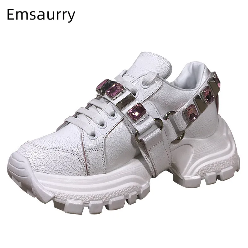 

New Crack Pattern Woman Shoes Belt Buckle Decor Crystal Party Shoes Round Toe Thick Bottom Fashion Lace Up Sneakers Shoes Women