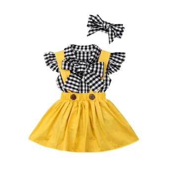 

Toddler Girl Clothes Kids Baby Plaid Bow Ruffles Sleeve T-Shirts Yellow Bib Strap Dress Headband Children Girl Set0-3Y