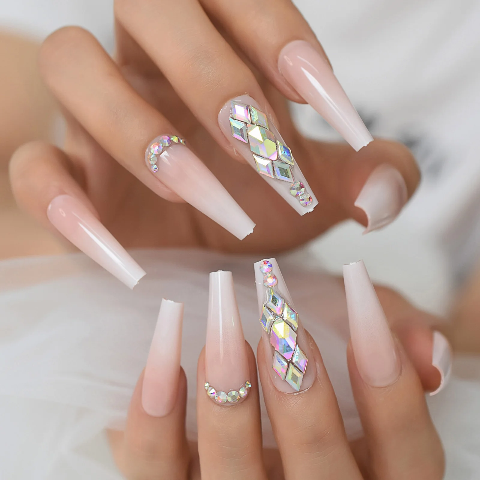 Extra Long Fake Nails False Set Press On Tips Ombre 3d Bling Nails With  Rhinestones Coffin Ballerina Nail Art - False Nails - AliExpress