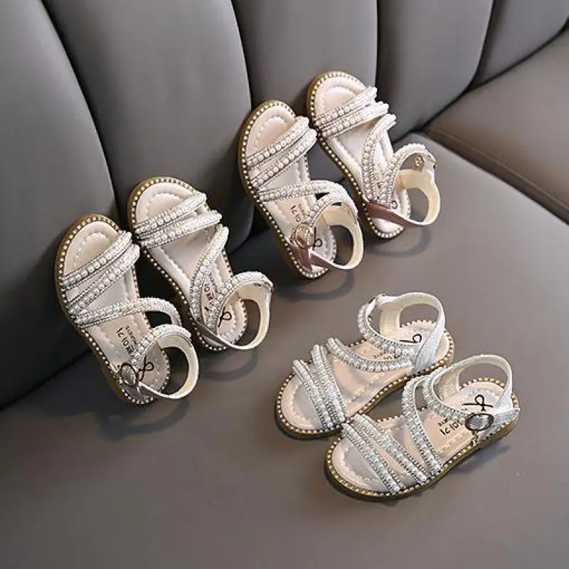 Summer Girls Shoes Bead Mary Janes Flats Fling Princess Shoes Baby Dance Kids Sandals Children Wedding Pink D238