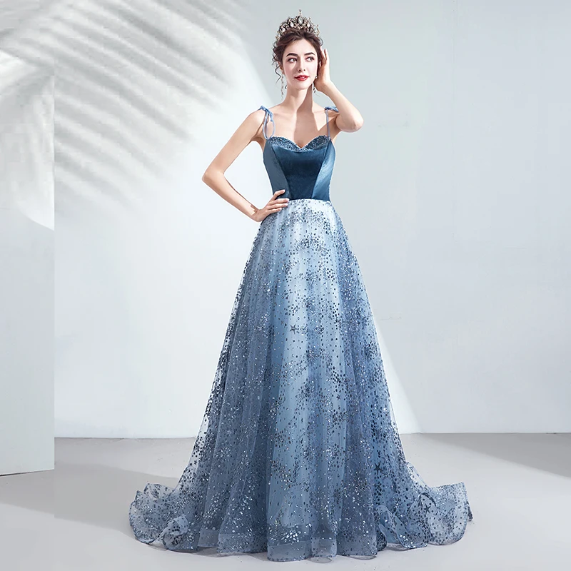 SSYFashion банкет Элегантное Длинное роскошное вечернее платье звезда Блеск синий возлюбленный развертки поезд вечернее платье на выпускной халат De Soiree