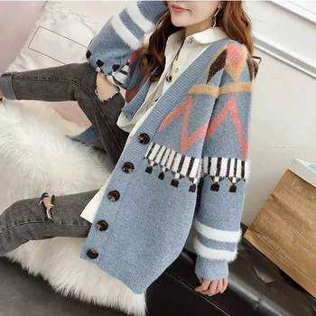

Cardigan Women 2019 Autumn Winter Knitting Printed Open Stitch Sweaters Casual Women Knitted Loose Cardigans