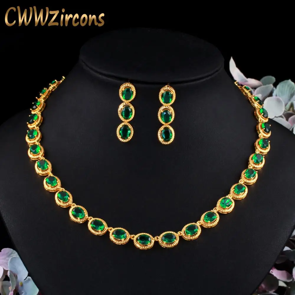 CWWZircons Luxury Round Dangle Drop Red Bridal Necklace Earrings Jewelry Sets 