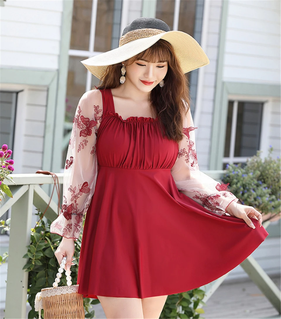 

Plus Size Two Piece Swimwear 2021 Sexy Beach Dress Solid Color Mesh&Lace Long Sleeves Square Collar Swimsuit Women K
