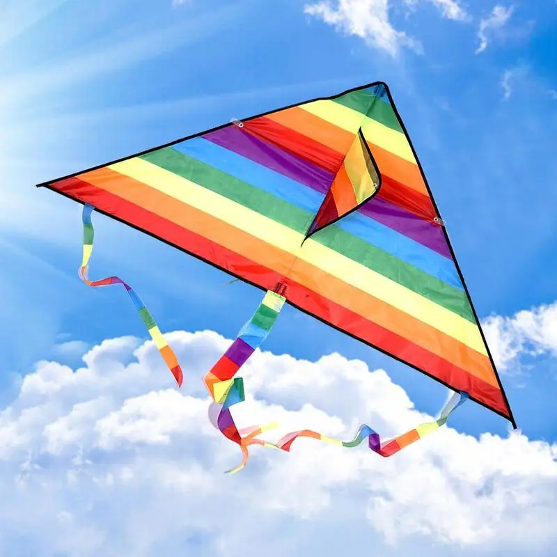 

Colorful Rainbow Kite Outdoor Kites Flying Toys For Children Triangle Long Tail Polyester Kites With Control Bar And Line