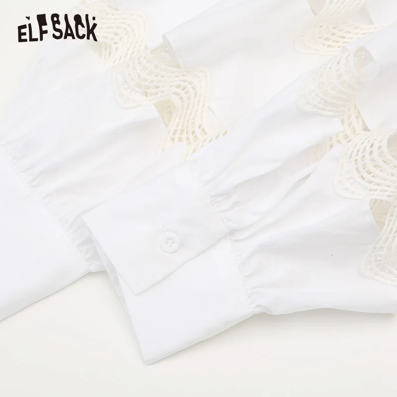  ELFSACK Contrast Lace Sleeve White Solid Casual Blouse Shirt Women Tops 2019 Autumn Korean Style Ov