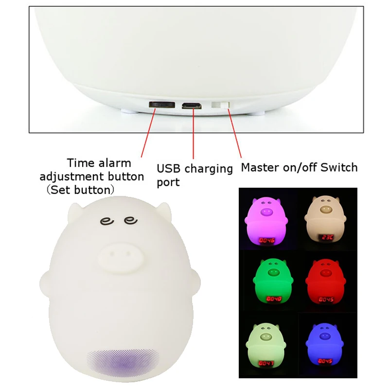 

Lovely Cute Pig LED Night Light Sound Control With Alarm Clock USB White