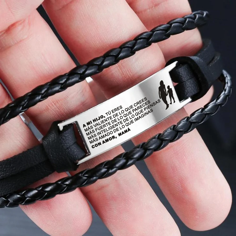 

Español Spanish To My Son Hijo From Mom Mamá Hand-Woven Retro Bracelet Laser Leather Stainless Steel Bracelets Brazalete