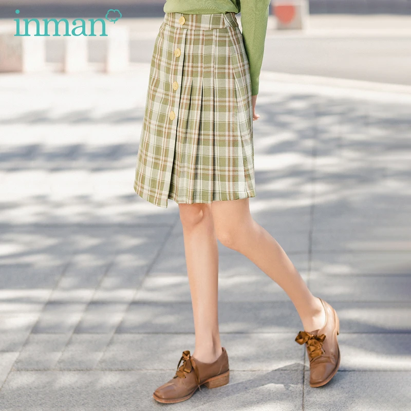 

INMAN Plaid Women Skirt 2020 Spring New Arrival Artsy Vintage Retro Contrast Color A Line Irregular Pleated Skirt