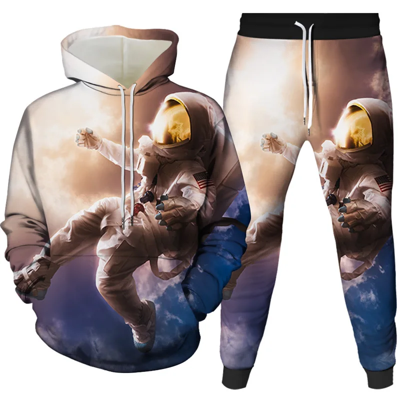 

Brand New Harajuku 3D Printing Astronaut Walk Hoodie + Pants Sportswear Sets Men's novel Streetwear Casual Sports Plus Size Suit