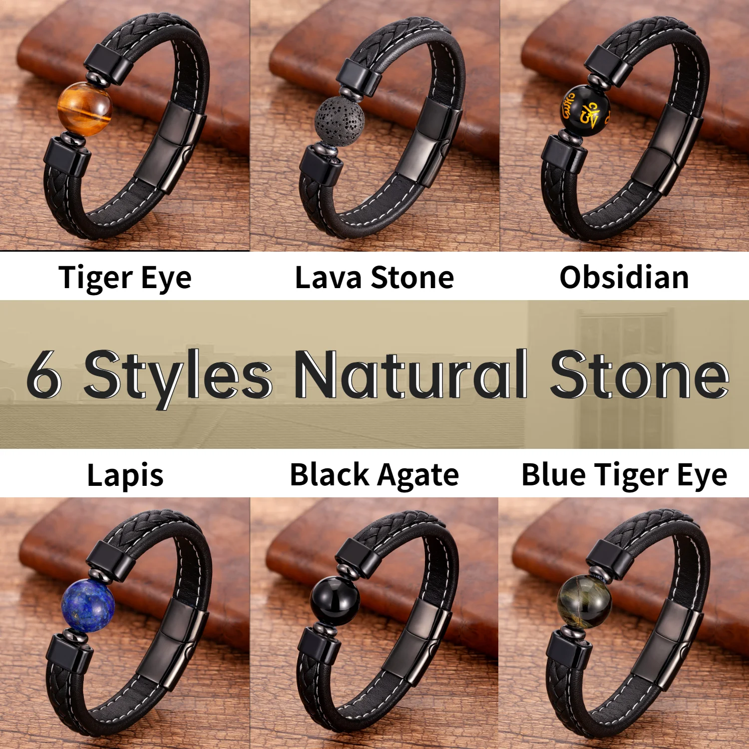 Genuine Leather Bracelets Men Stainless Steel Clasp Charm Bracelet For Male 6 Style Natural Tiger Eye Lava Stone Jewelry