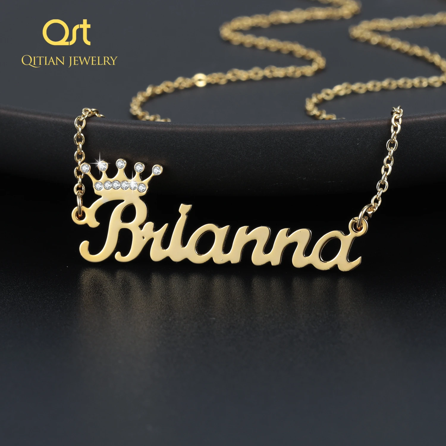 Name Necklace Letter Pendant Crystal Customized Iced-Out Zircon Crown Gift Stainless-Steel