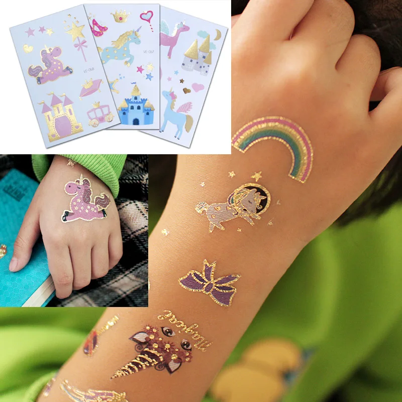 

Fake Tattoo Stickers for Kids Bronzing Unicorn Rainbow Temporary Tattoos Sticker Gold Tatto Water Transfer Tatoo Summer Gift