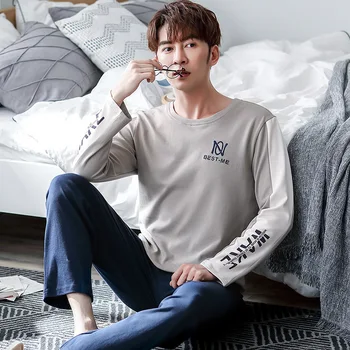 

Spring and Autumn Men's Long-sleeved Trousers Pyjama Doux Cotton Pajamas Pullover Solid Color Home Clothes Two-piece Suit