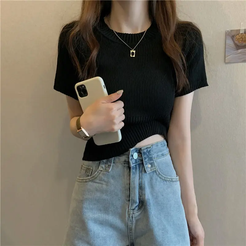 Summer Slim Thin Round Neck Solid Color Knitted Short-sleeved Pullover T-shirt Spring And Autumn New Fashion Bottoming Top