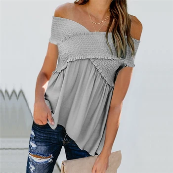

2019 Off Shoulder Tops Women Summer Solid Bandage Cross elegant shirts Lady Sexy Slash neck Short Sleeve Black Grey beach blouse