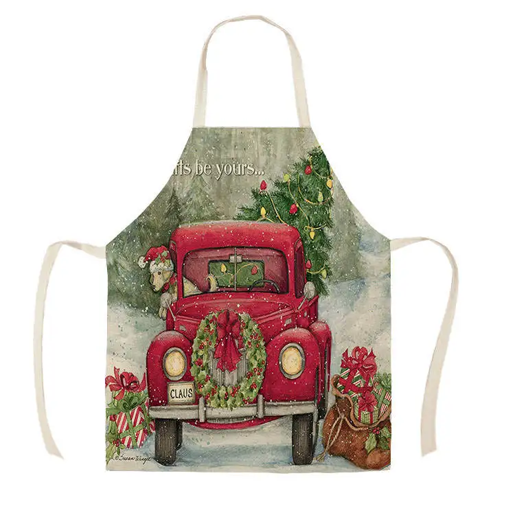 1Pcs Kitchen Apron red truck christmas wish tree Printed Sleeveless Cotton Linen Aprons for Men Women Home Cleaning Tools55*68cm