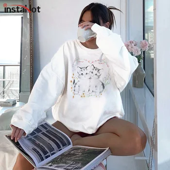 

Beyouare women sweatshirt pullover cotton oversize hooded autumn winter cats printed loose round neck white female casual hoodie