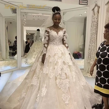 شراءفساتين زفاف فاخرة كم طويل رقبة شفافة مطرز دانتيل زينة الوهم الخلفي زي العرائس Vestidos De Noiva 2020