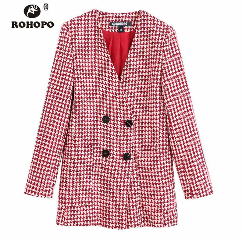ROHOPO, v-образный вырез, двойная грудь, пуговицы, тонкий розовый блейзер с гусиными лапами, боковые карманы, британская Academy, плиссированная Длинная Верхняя одежда#9559 - Цвет: NEW