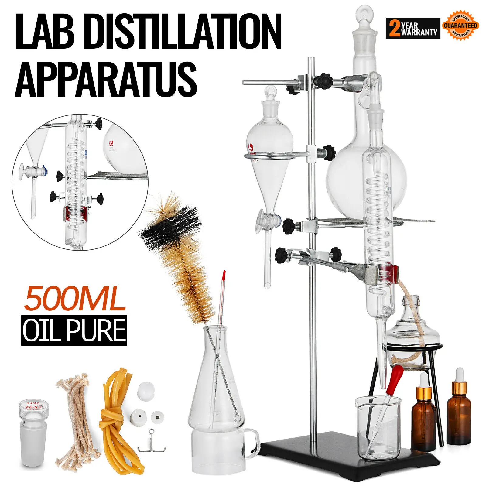 

New 500ml Lab Distillation Apparatus Essential Oil Pure Water Glassware Kits