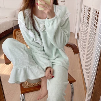 

Alien Kitty Bow Plush Gentle Two-piece Suits Chic Women Soft Sweet Sleepwear Thicken Warm Cute Winter Loose Pajamas Home Clothes