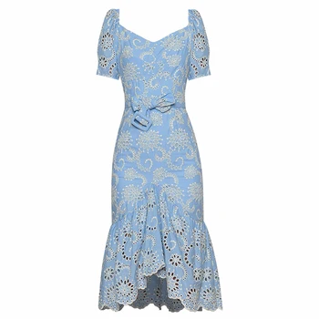 

Sexy V-neck Short Sleeve Cut Out Embroidery Flower Irregular Slim Dress 2020 Summer Light Blue Party Lady Dresses