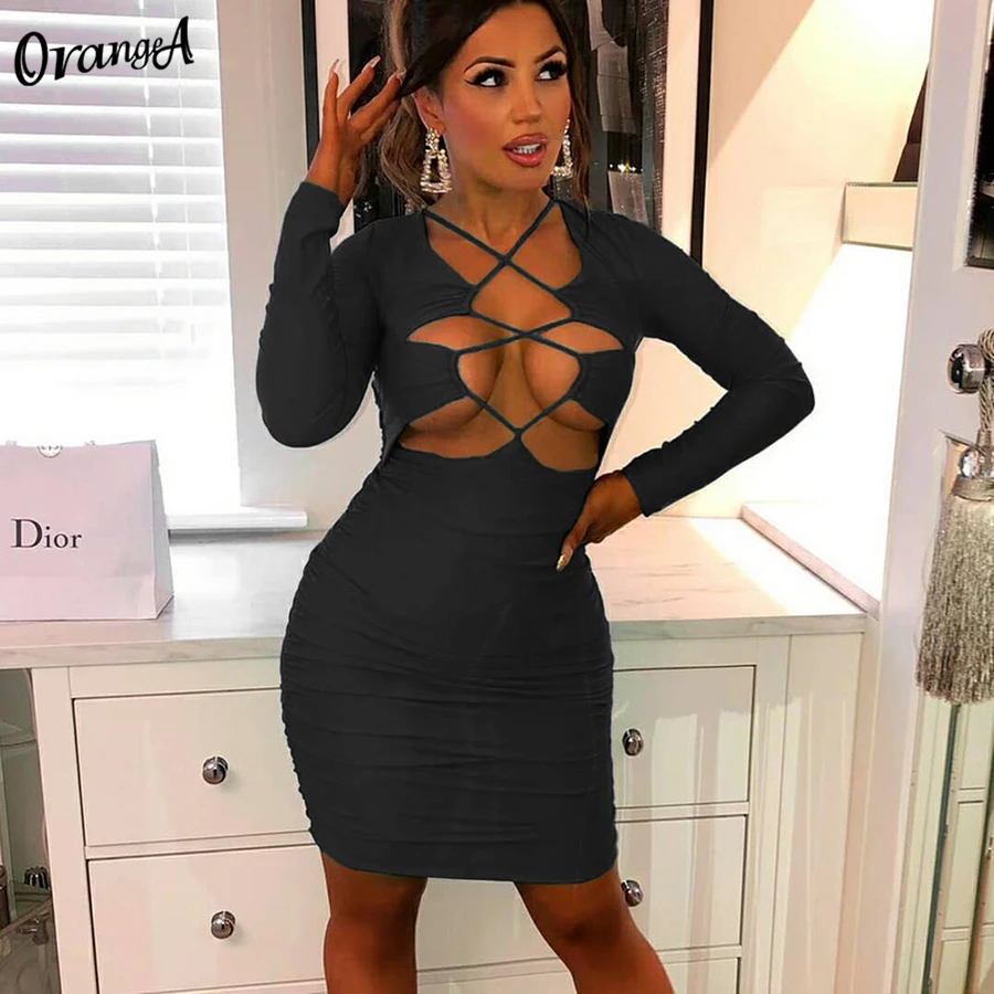 

OrangeA Women Sexy Hollow Out Bodycon Stacked Dress Long Sleeve Drawstring Halter Slim Party Clubwear Elegance Skinny Streetwear