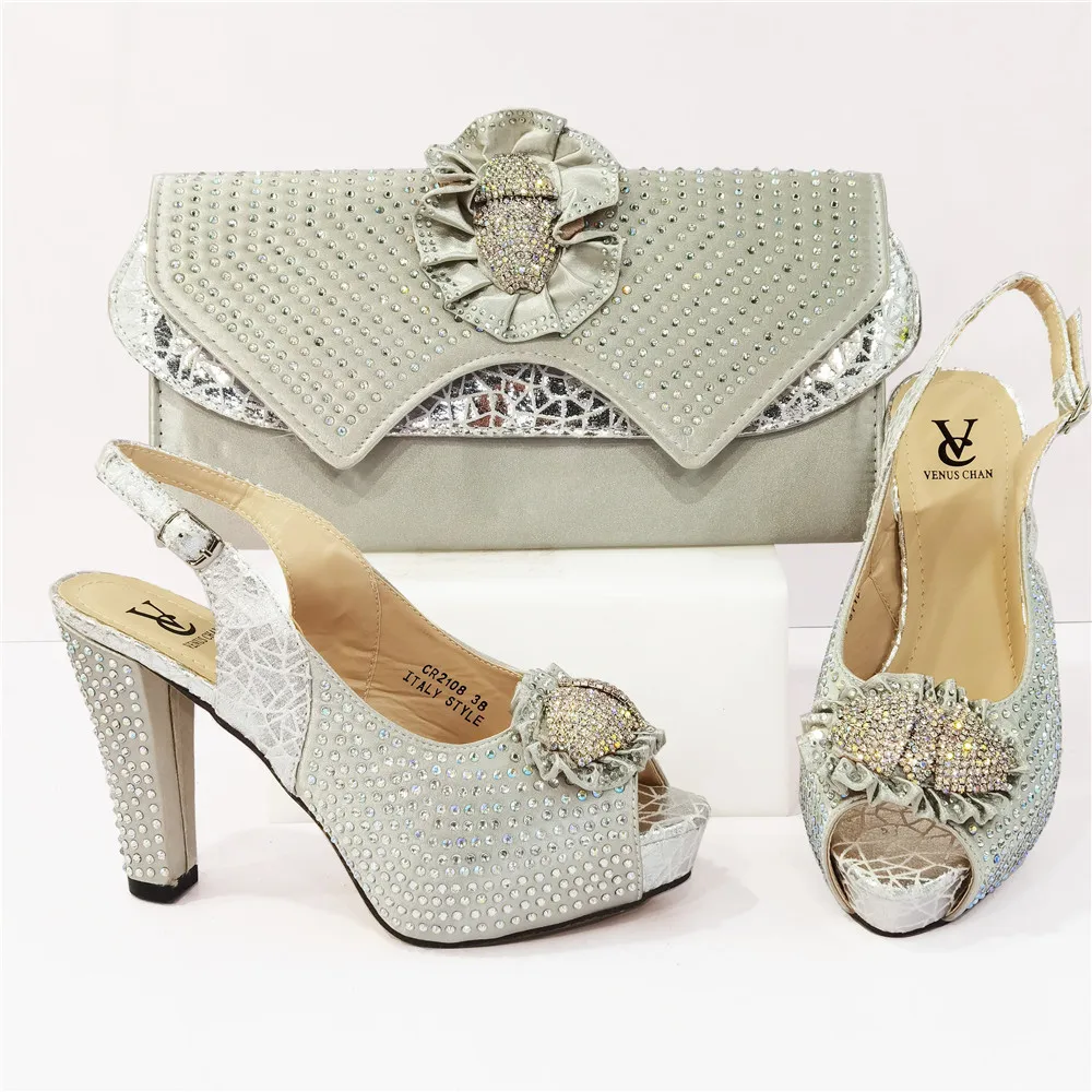 2021 Latest Silver Color Italian design Ladies Shoes and Bags To Match Set Nigerian Matching Bag for Party | Обувь