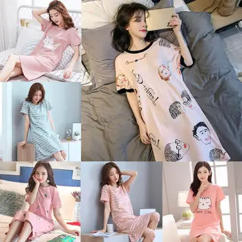 

Women Summer Short Sleeve Nightgown Cartoon Figures Cat Print Loose Nightdress 62KE