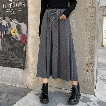 

Simple Buckle Drawstring Elastic Waist Long Skirt Women Autumn Korean A Line Skirt Loose Knit Skirt Winter Streetwear Midi Skirt