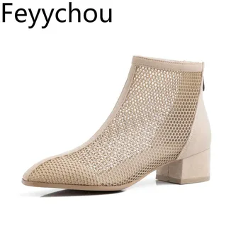 

Women's Boots Sandals Round Toe Spring Autumn Med Heel Zipper Ankle Flock Air Mesh Patchwork 2020 Sexy New Fashion Black Beige
