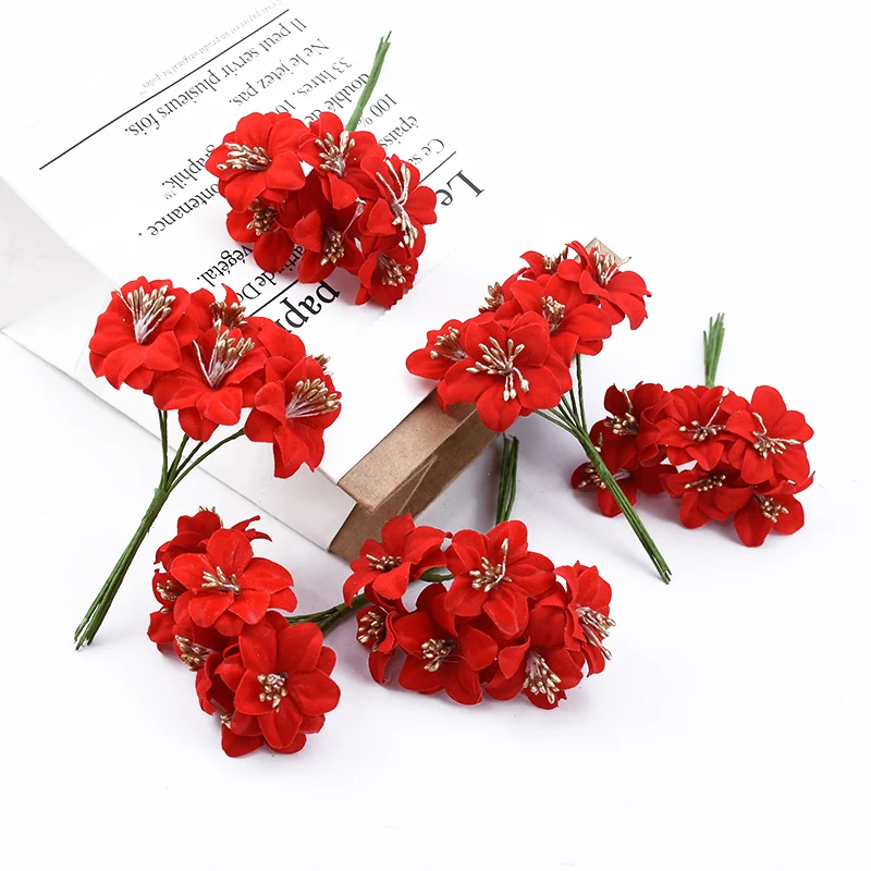6 шт., красные искусственные цветы, свадебные декоративные цветы, рождественские венки, вазы для дома, искуственные цветы для декора