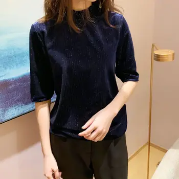 

Women T-shirt 2020 Early Spring New Shirt Dark Velvet Half-high Collar Mid-sleeved Shirt T-shirt