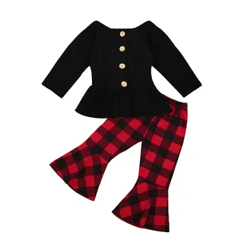 激安 クリスマス幼児女の赤ちゃん2個服セット長袖フリルボタンチェック柄フレアパンツベルボトム0-4Yトップス