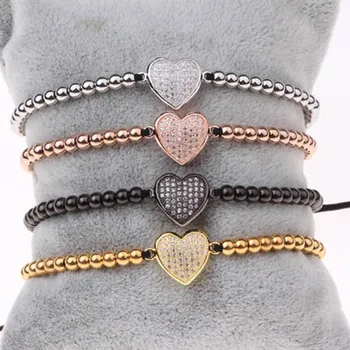 4mm stainless steel beads CZ heart charm bracelet