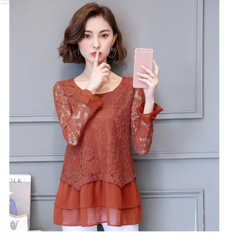 M-5xl, кружевные длинные блузы Mujer, женские, плюс размер, с оборками, в стиле пэчворк, полые Блузки, весна-осень, свободные пуловеры, топы DG163