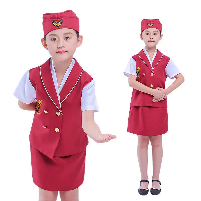 

Halloween Cosplay Kid Clothes Girl Flight Attendant Uniform Give A Toy Plane 6T-9T Carnival Role Play Girl Prom Gown Costume