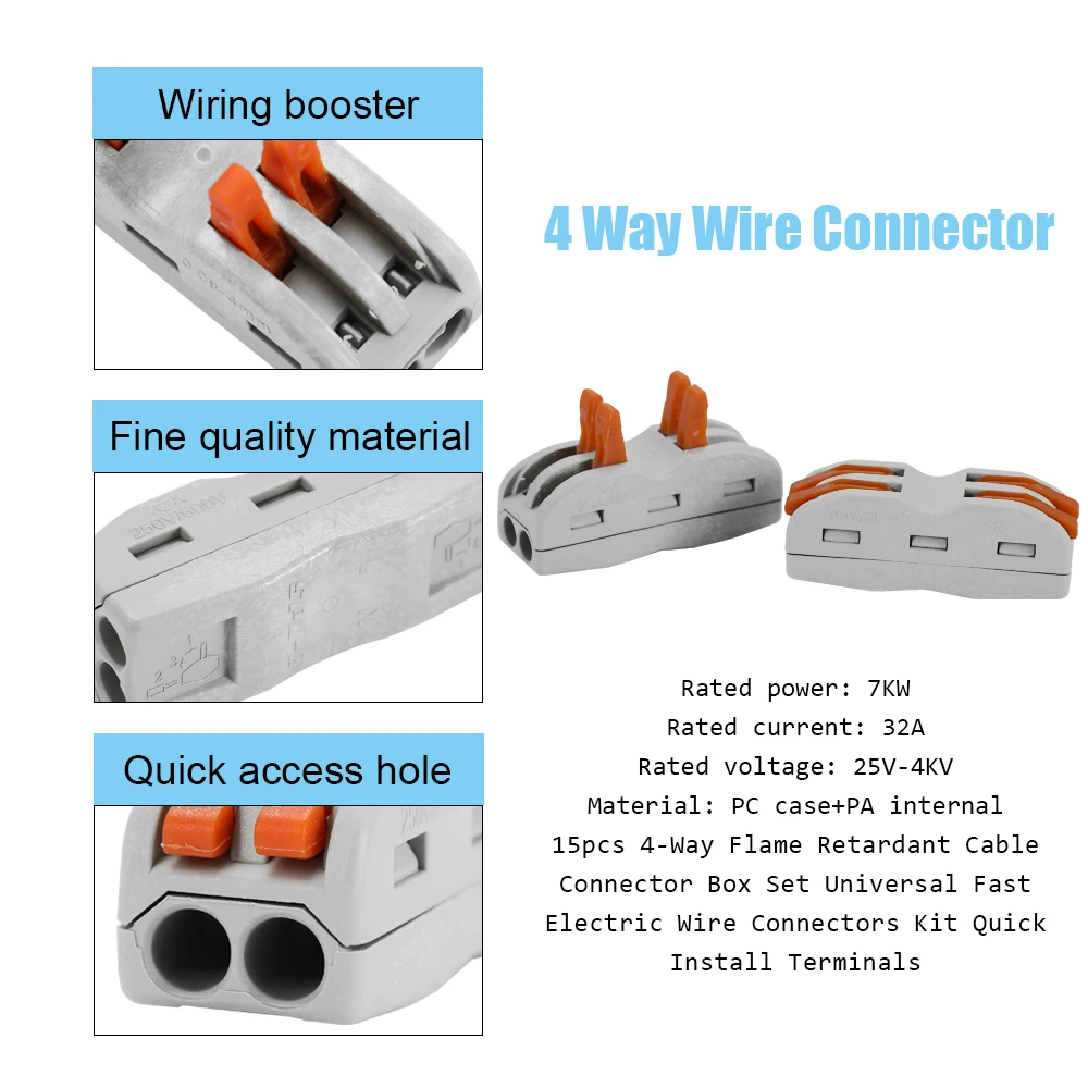 

15pcs 4-Way Flame Retardant Cable Connector Box Set Universal Fast Electric Wire Connectors Kit Quick Install Terminals