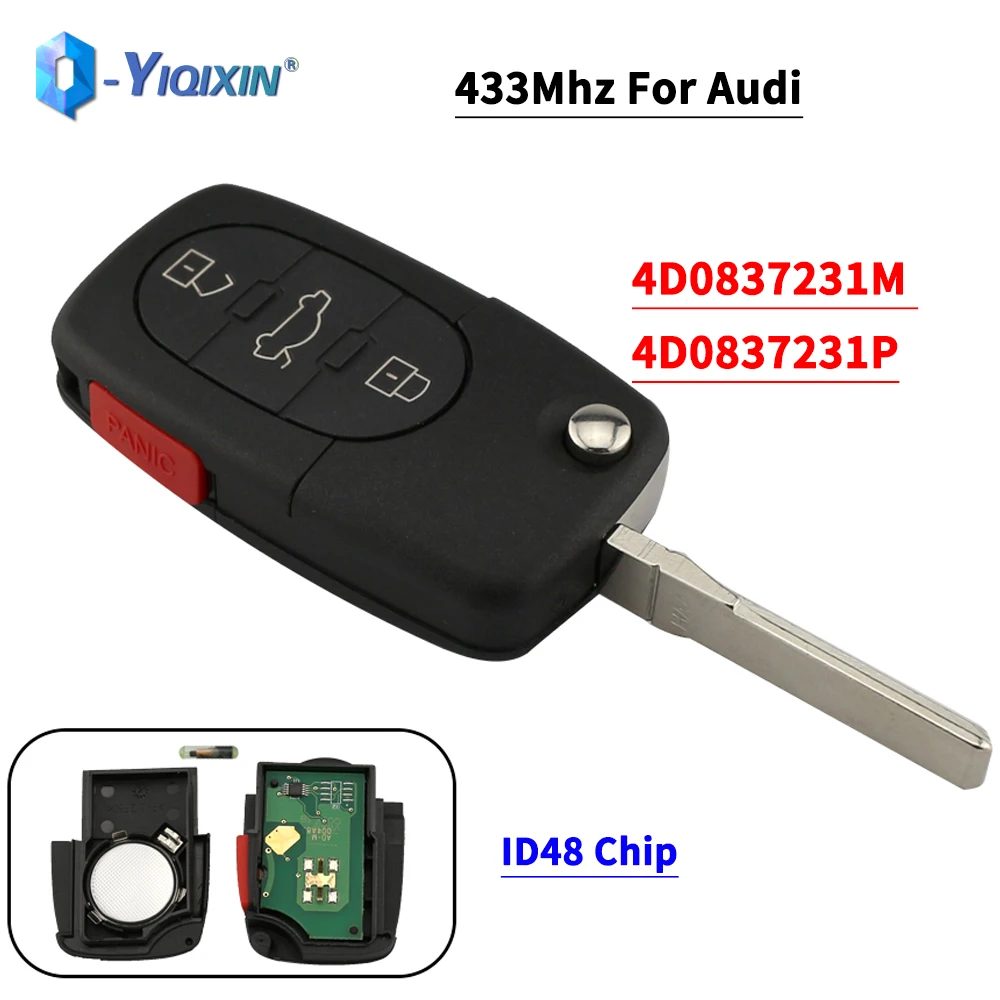 YIQIXIN 3+1 Buttons 433Mhz Flip Remote Car Key ID48 Chip For Audi A3 A4 A6 A8 TT Allroad Quattro 4D0837231M 4D0837231P Smart Fob