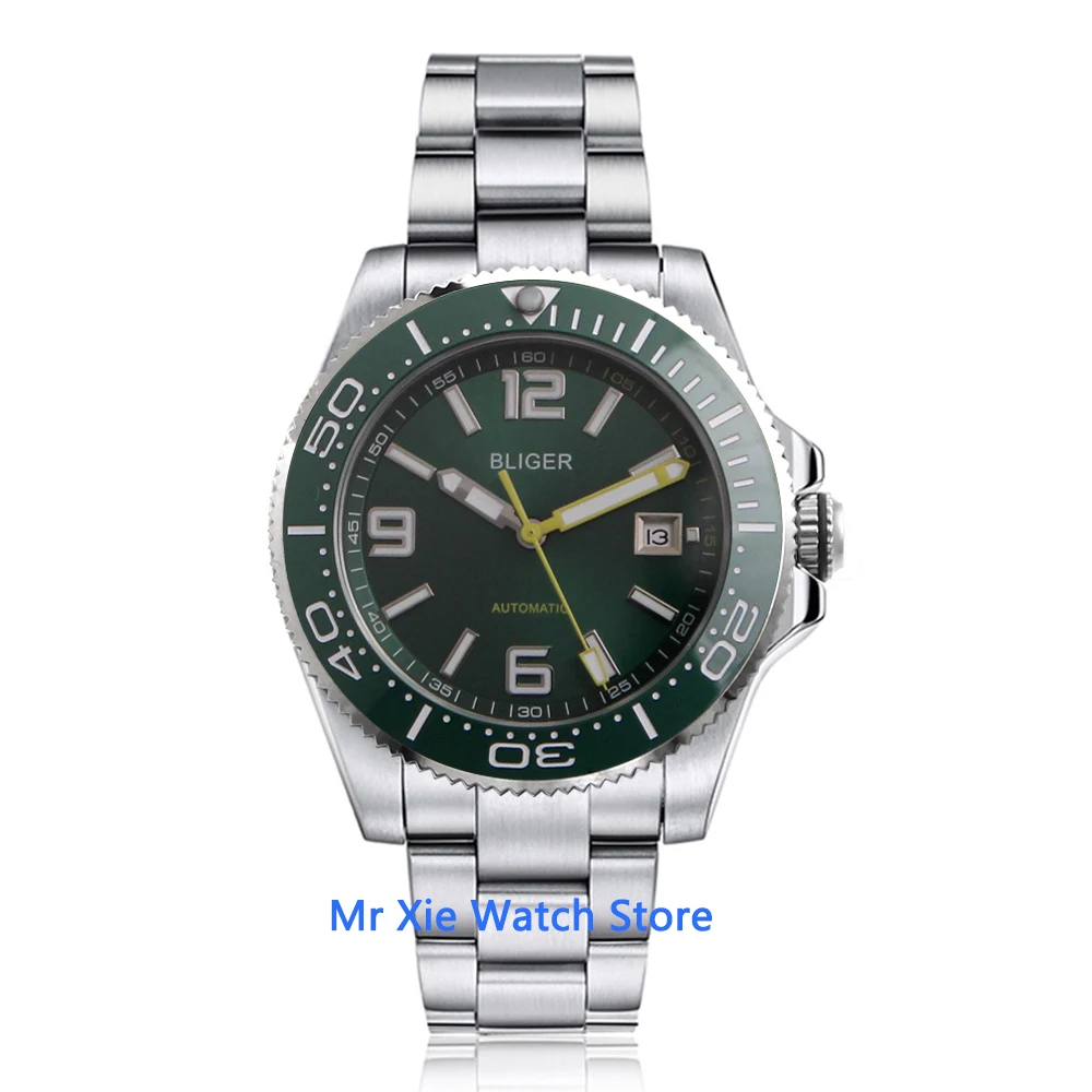 

Bliger 43mm Green Dial Mens Automatic Watch Sapphire Glass Date Waterproof Luminous Mechanical Watch