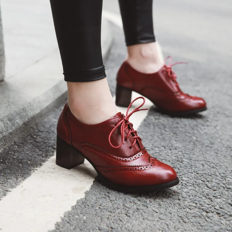 

Vintage Women Lace Up Pumps Square Heel Pointed Toe High Heel Shoes British Style Oxfords Shoes Low Top Student Shoes