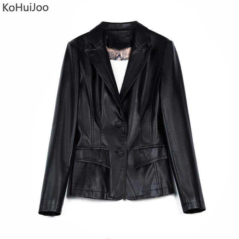

KoHuiJoo Autumn Fuax Leather Blazer Women Button up Slim Office Ladies Slim Formal Work Pu Leather Jackets Green Purple Black