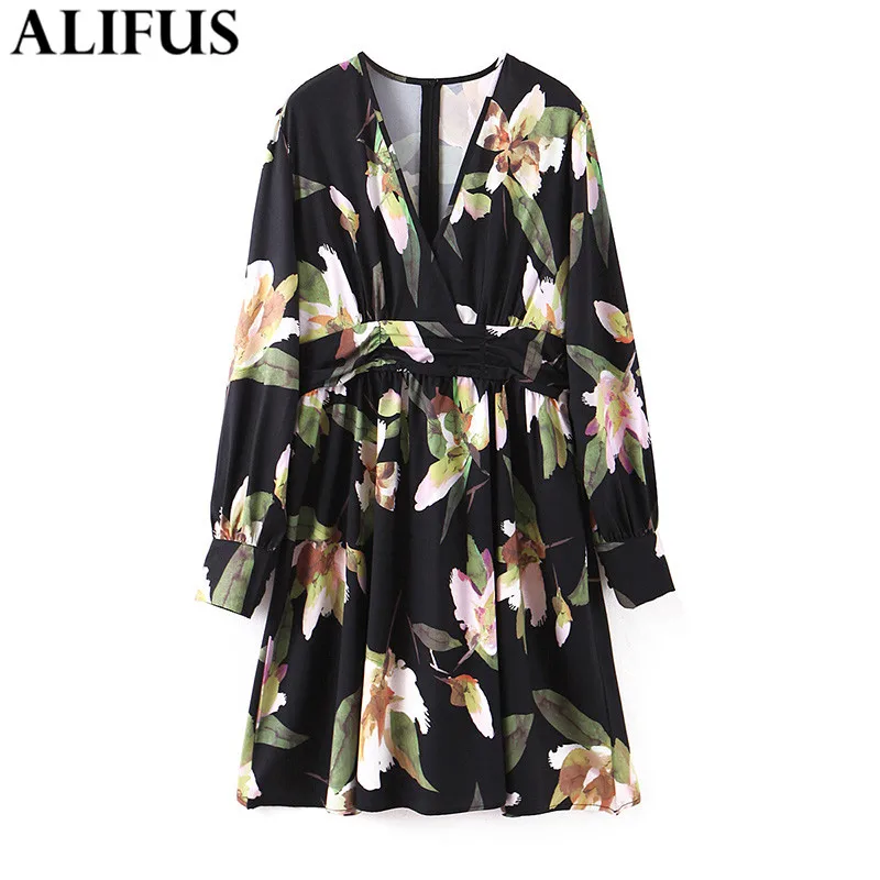 

Fashion Za Women's dress 2019 Elegant Floral Print Chic V-neck Long Sleeve Mini A-line Dresses Female Ladies Vestidos